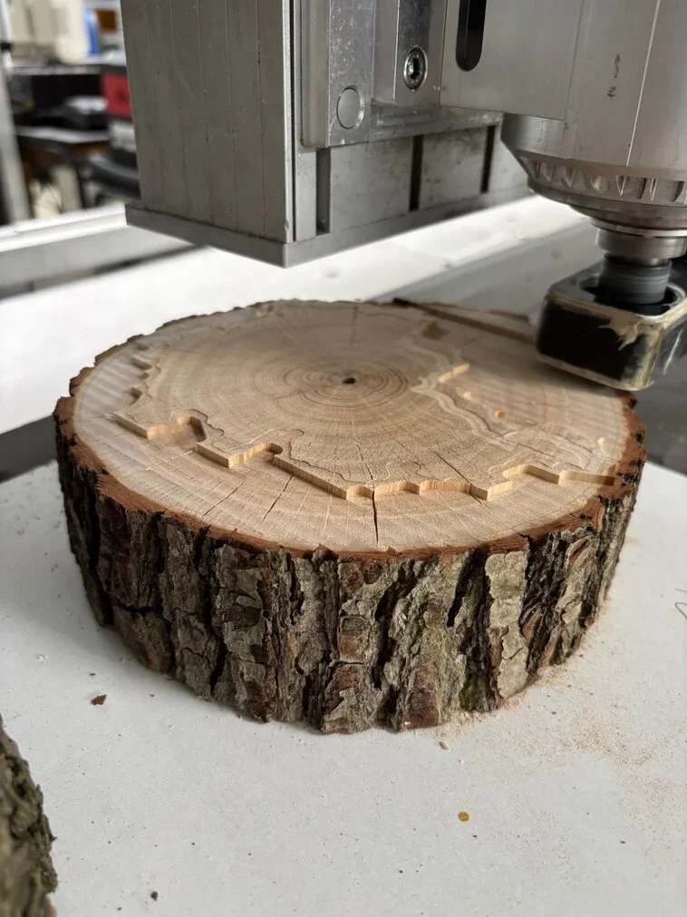 Präzise Fräsarbeit: Die CNC-Maschine arbeitet sich in die Baumscheibe vor.